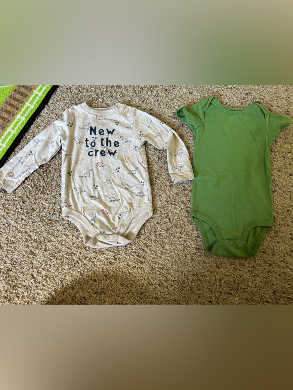Carter's Cream Dino Print Long-Sleeve & Green Short-Sleeve One-Piece Set